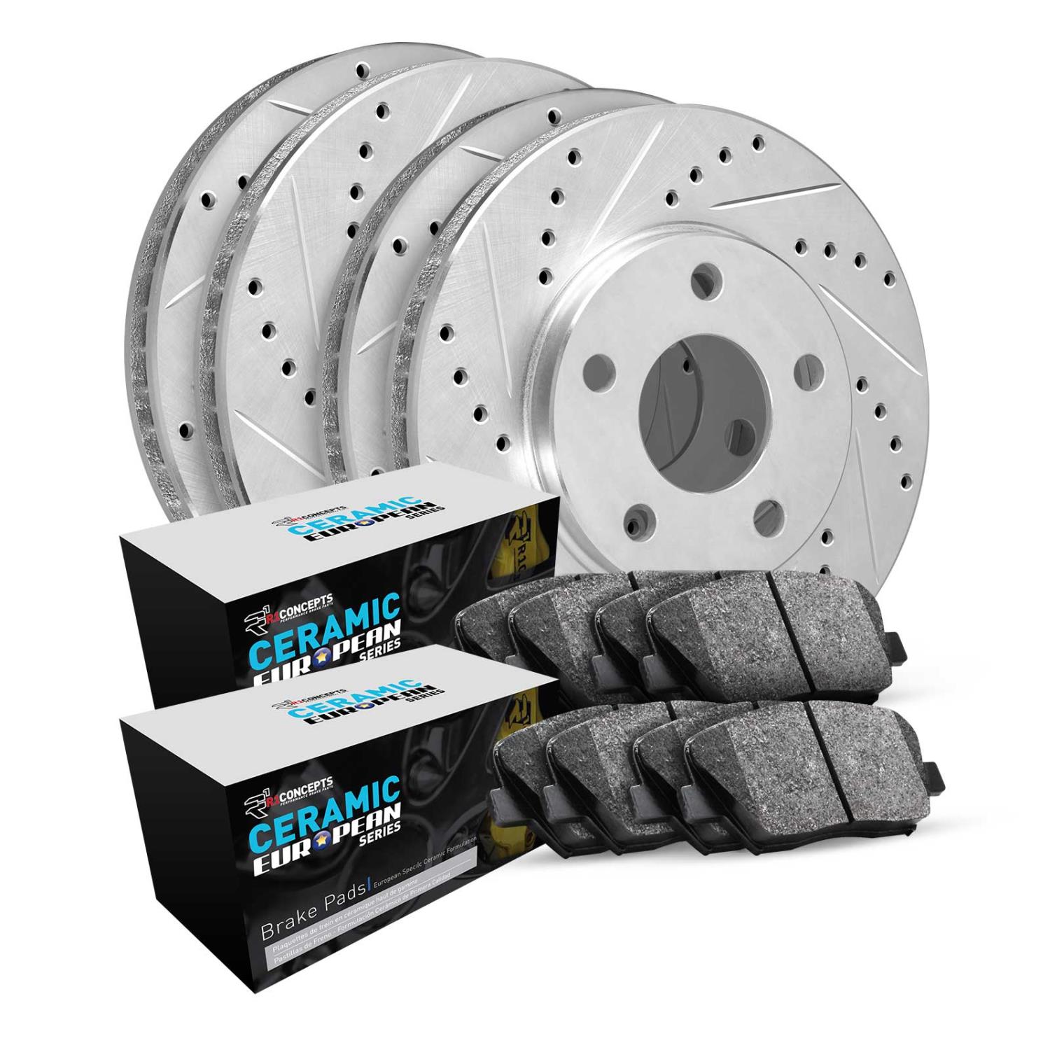 E-Line Drilled & Slotted Silver Brake Rotor Set w/Euro Ceramic Pads, 2016-2019 Land Rover, Position: Front & Rear