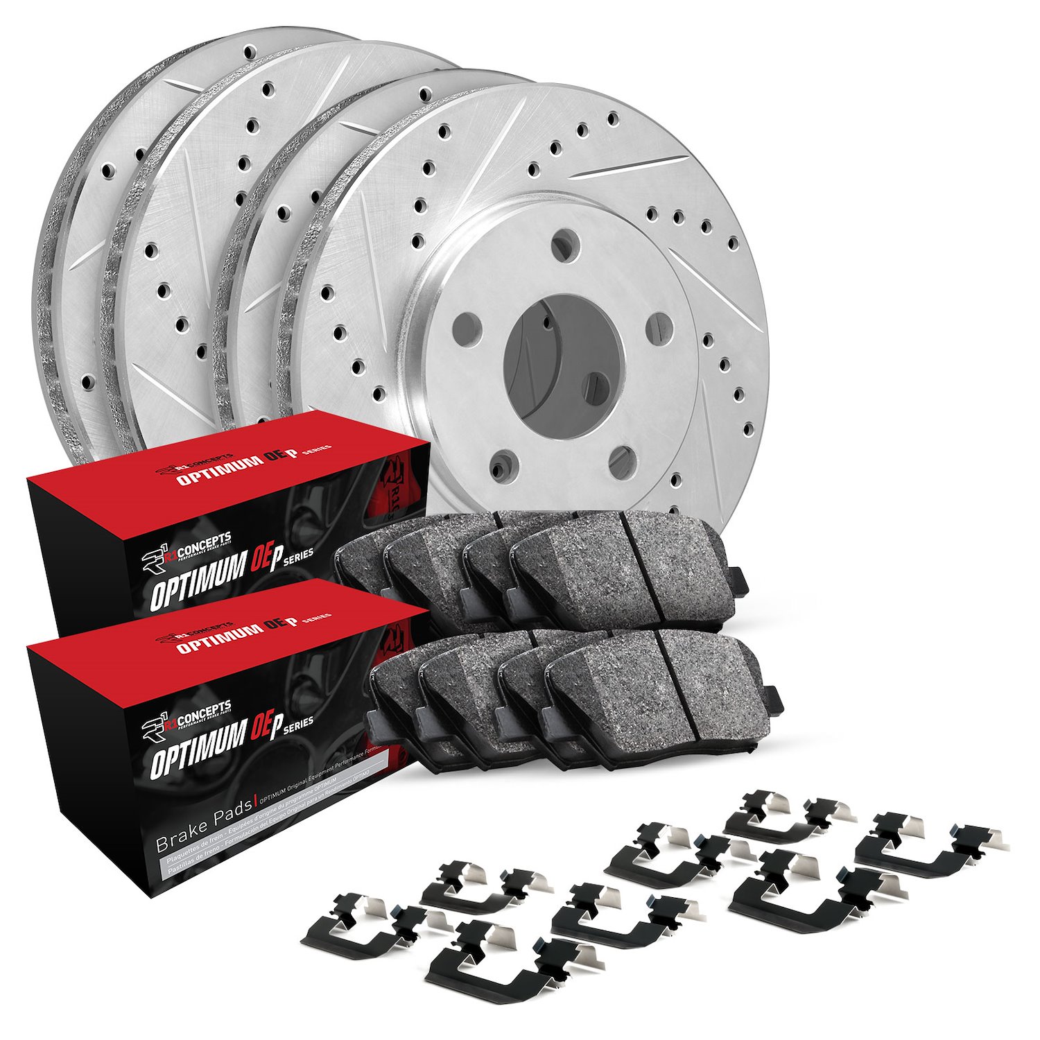 E-Line Drilled & Slotted Silver Brake Rotor Set w/Optimum OE Pads & Hardware, 2008-2010 BMW, Position: Front & Rear