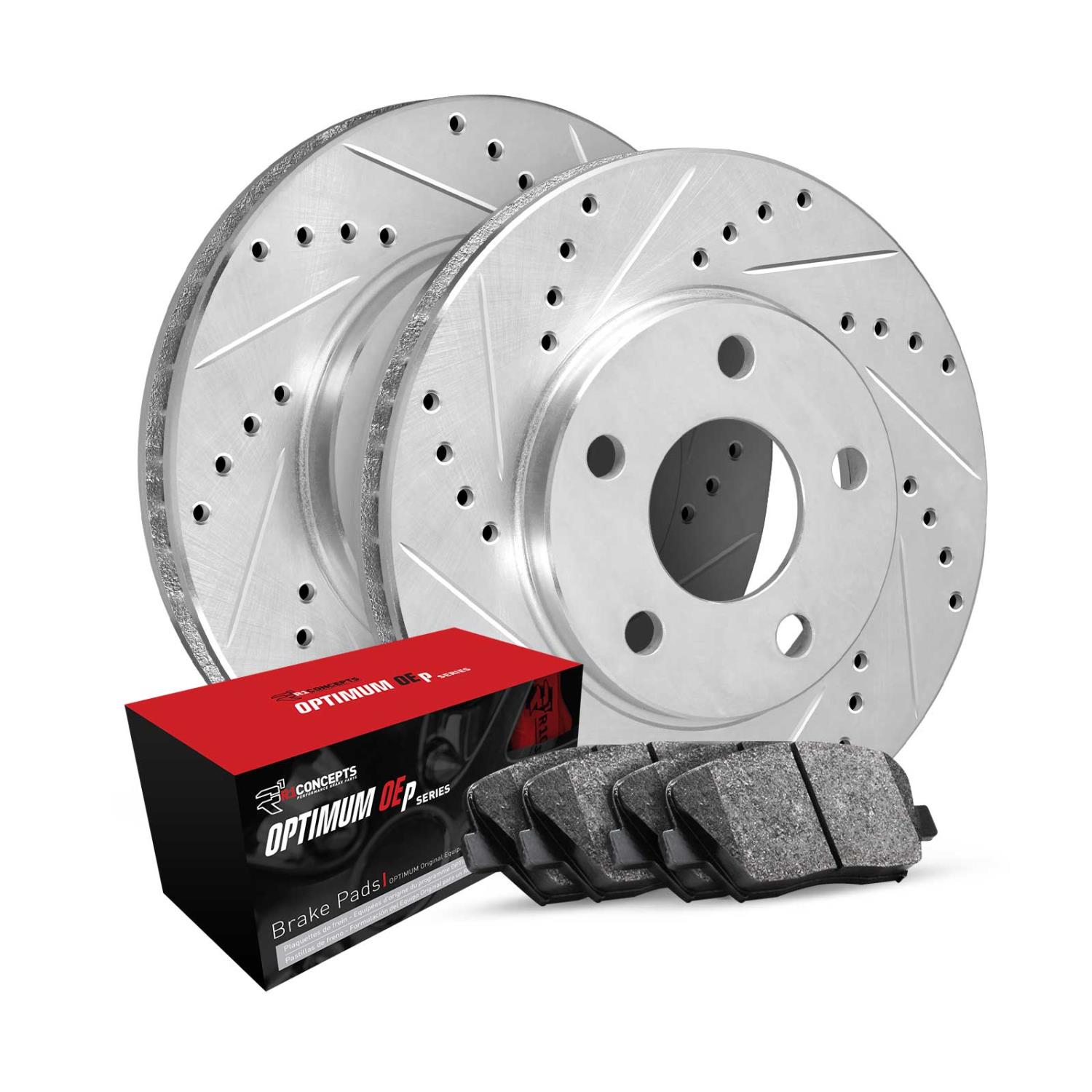 E-Line Drilled & Slotted Silver Brake Rotor Set w/Optimum OE Pads, 2015-2020 Fits Multiple Makes/Models, Position: Rear