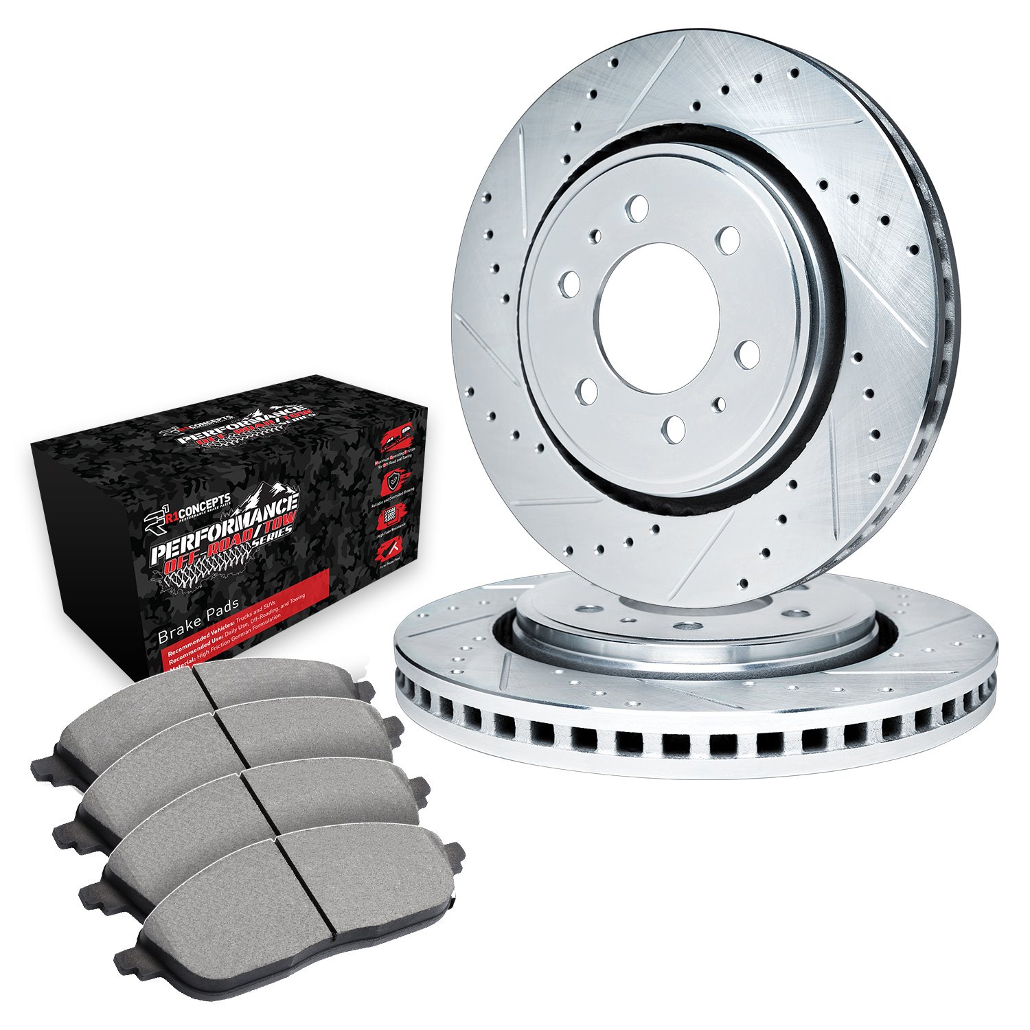 E-Line Drilled & Slotted Silver Brake Rotor Set w/Performance Off-Road/Tow Pads, Fits Select GM, Position: Front