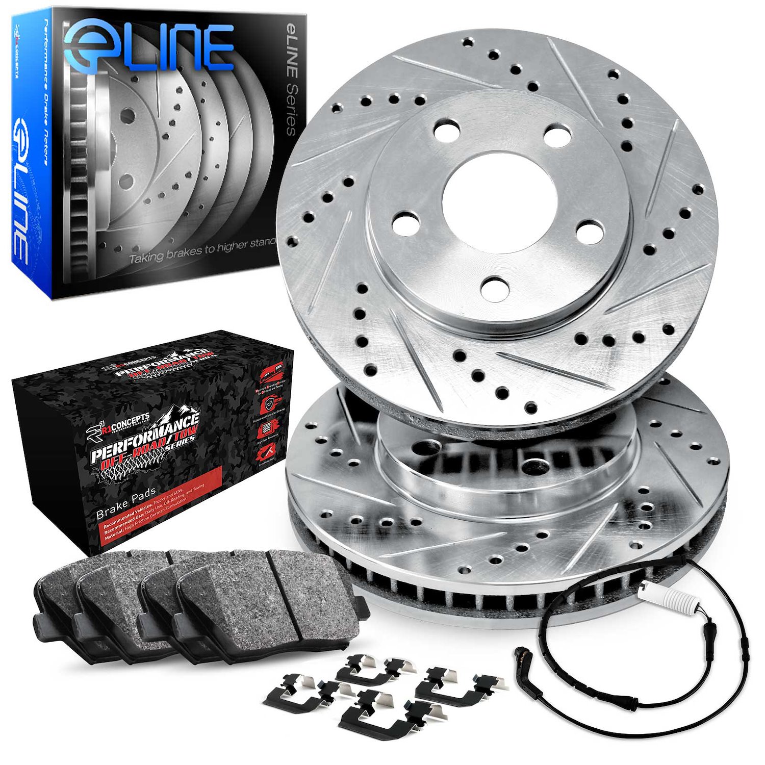 E-Line Drilled & Slotted Silver Brake Rotor Set w/Performance Off-Road/Tow Pads, Sensor, & Hardware, 2013-2019 Mercedes-Benz