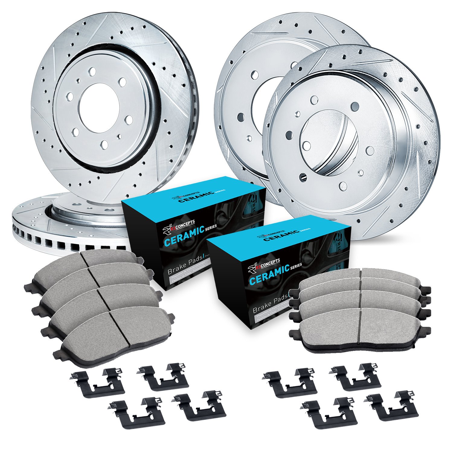 E-Line Drilled & Slotted Silver Brake Rotor Set w/Ceramic Pads & Hardware, 1998-2000 Mitsubishi, Position: Front & Rear