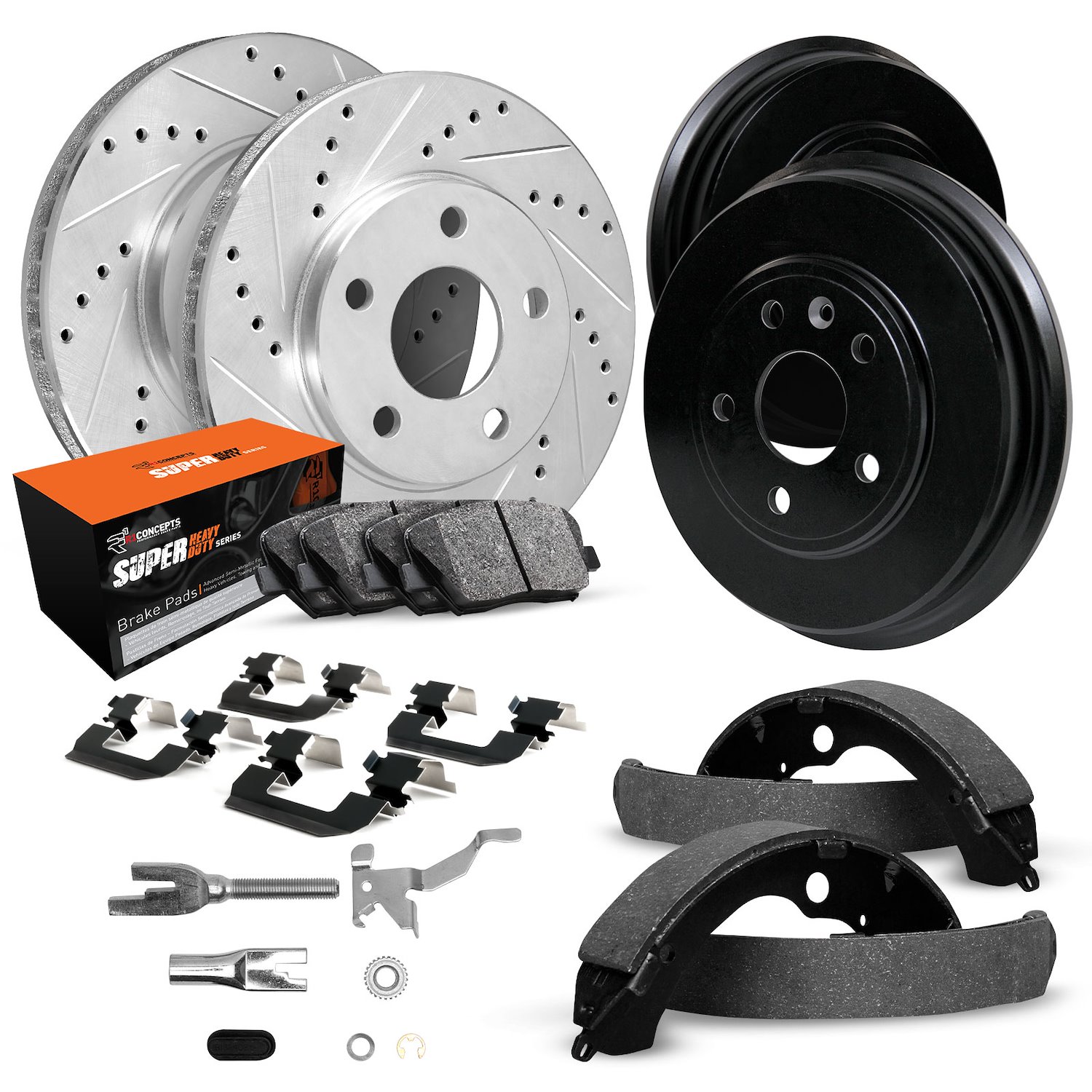 E-Line Drilled/Slotted Silver Rotor & Drum Set w/Super-Duty Pads, Shoes/Hardware/Adjusters, 1991-1999 Mopar