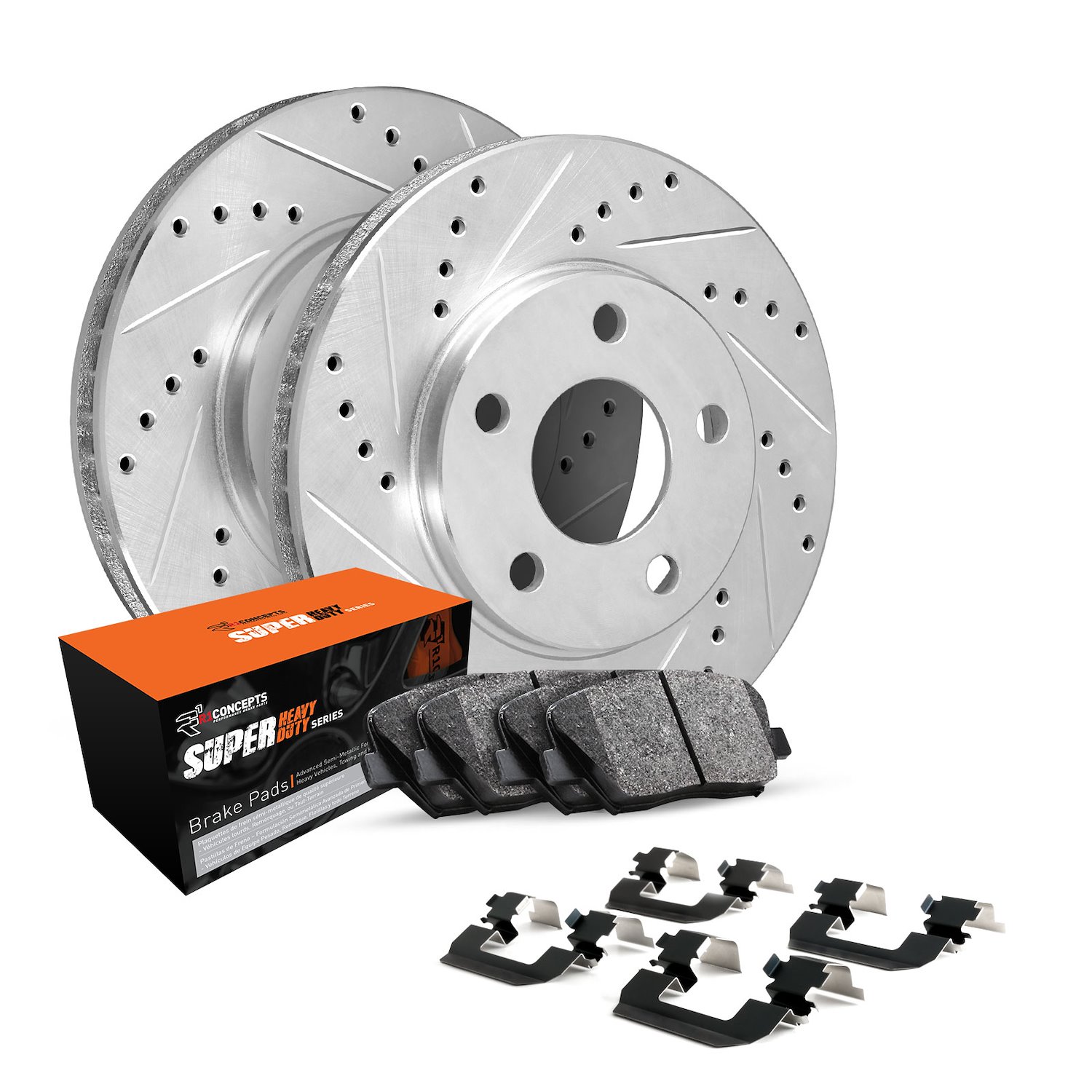 E-Line Drilled & Slotted Silver Brake Rotor Set w/Super-Duty Pads & Hardware, Fits Select Ford/Lincoln/Mercury/Mazda
