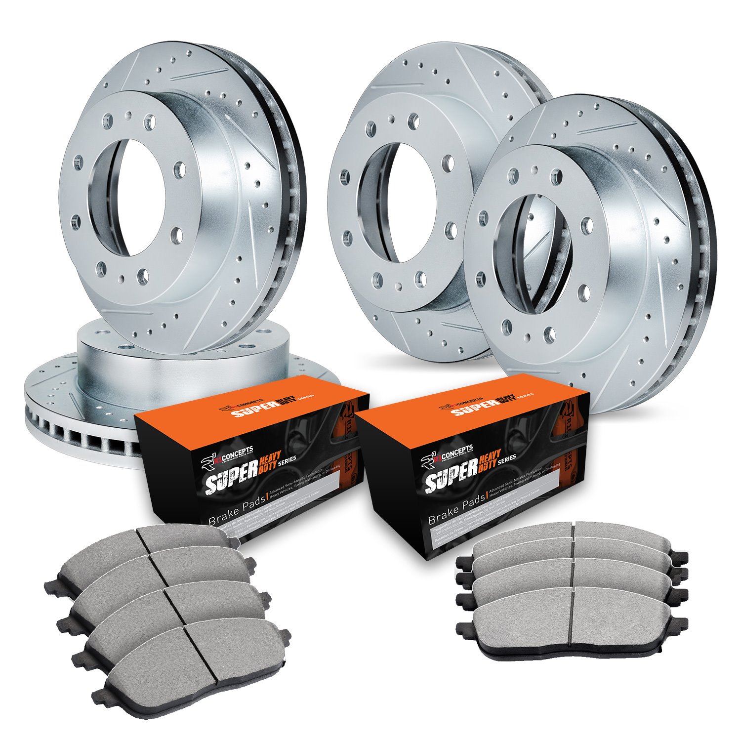 E-Line Drilled & Slotted Silver Brake Rotor Set w/Super-Duty Pads, 1999-2000 Ford/Lincoln/Mercury/Mazda, Position: Front & Rear