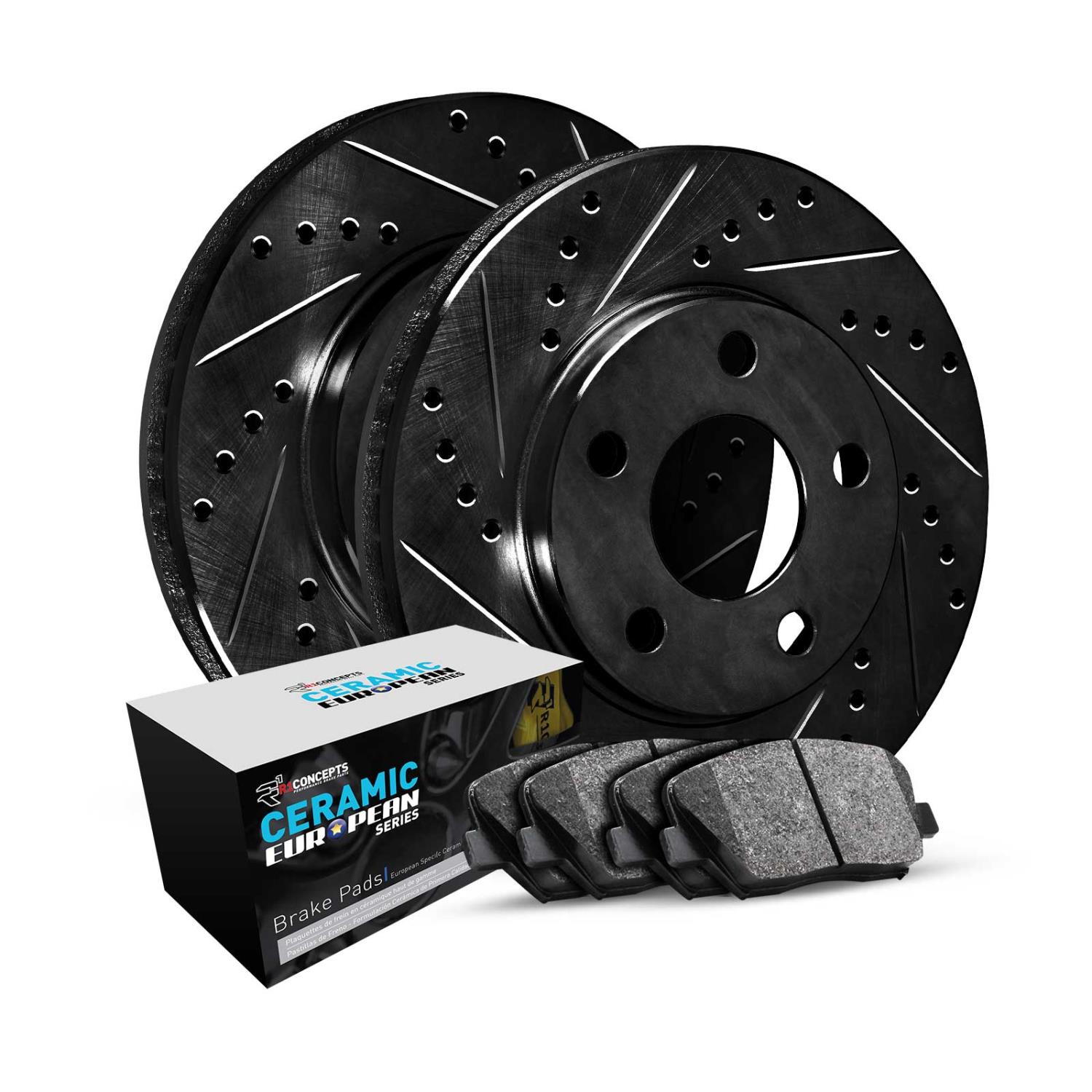 E-Line Drilled & Slotted Black Brake Rotor Set w/Euro Ceramic Pads, 1997-2001 GM, Position: Rear