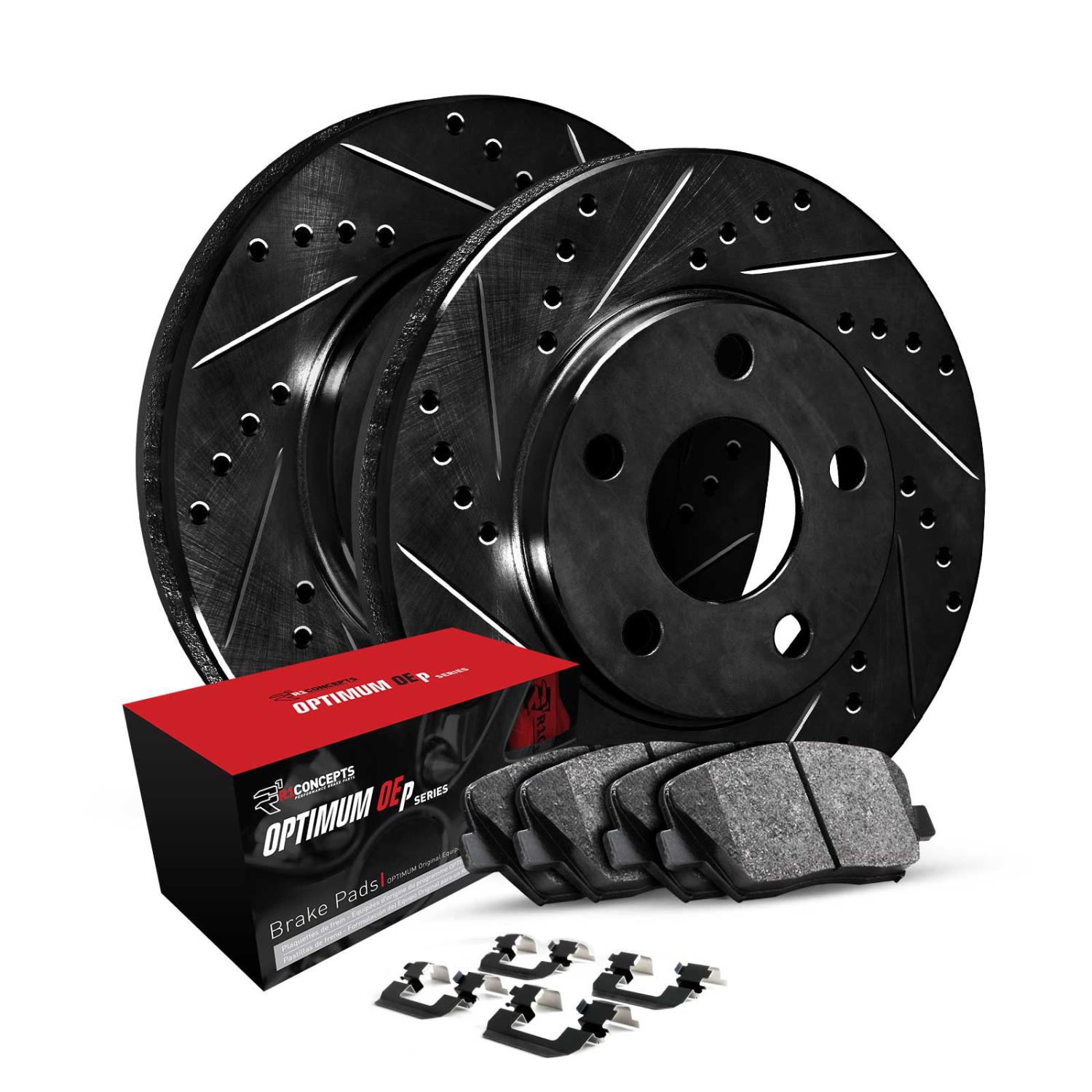E-Line Drilled & Slotted Black Rotors w/5000 Oep Pads & Hardware Kit, 2015-2020 Fits Multiple Makes/Models, Position: Rear
