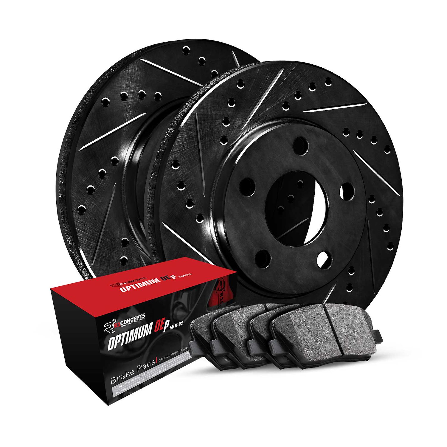 E-Line Drilled & Slotted Black Brake Rotor Set w/Optimum OE Pads, Fits Select Volvo, Position: Front