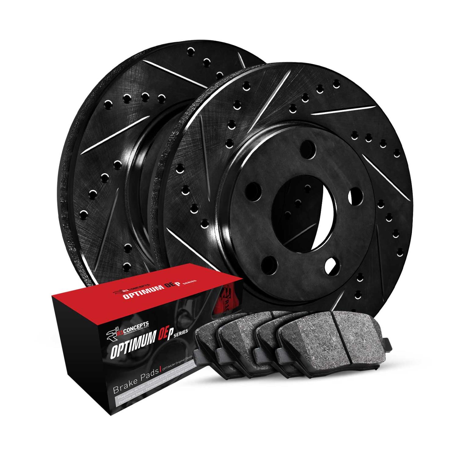 E-Line Drilled & Slotted Black Brake Rotor Set w/Optimum OE Pads, Fits Select Fits Multiple Makes/Models, Position: Rear