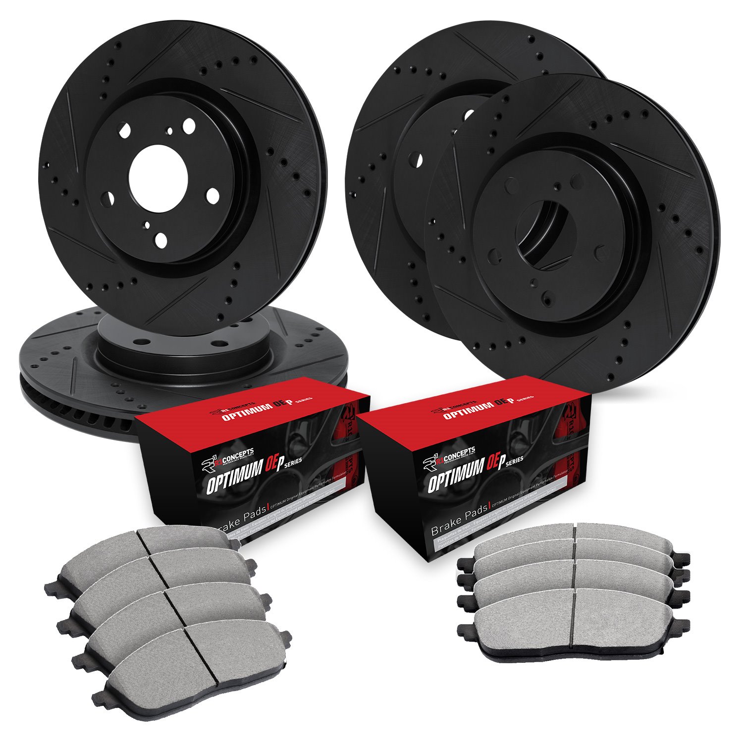 E-Line Drilled & Slotted Black Brake Rotor Set w/Optimum OE Pads, 2020-2020 Audi/Porsche/Volkswagen, Position: Front & Rear
