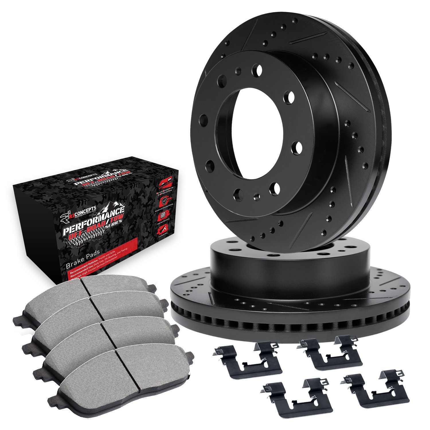 E-Line Drilled/Slotted Black Rotor Set w/Performance Off-Road/Tow Pads & Hardware, 1999-1999 Ford/Lincoln/Mercury/Mazda