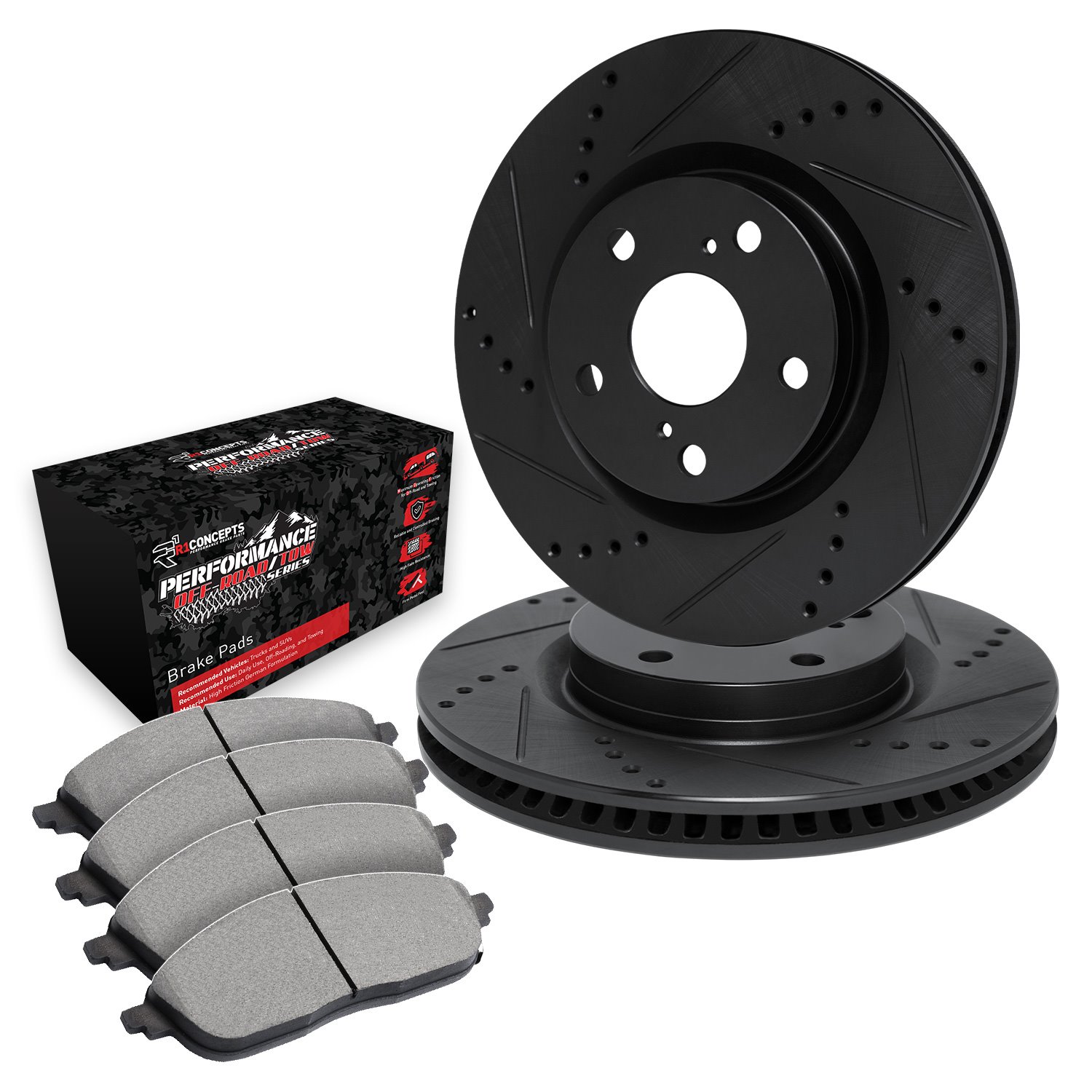 E-Line Drilled & Slotted Black Brake Rotor Set w/Performance Off-Road/Tow Pads, 2000-2001 Mopar, Position: Front