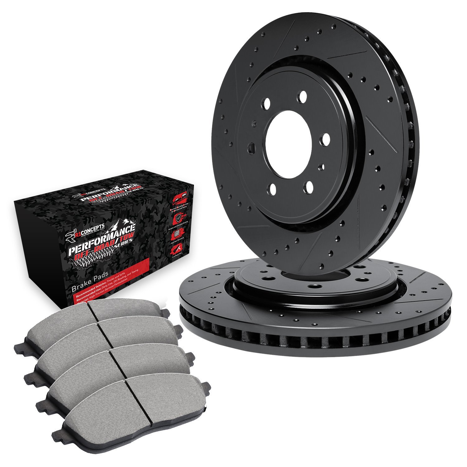 E-Line Drilled & Slotted Black Brake Rotor Set w/Performance Off-Road/Tow Pads, 2003-2003 Mopar, Position: Front