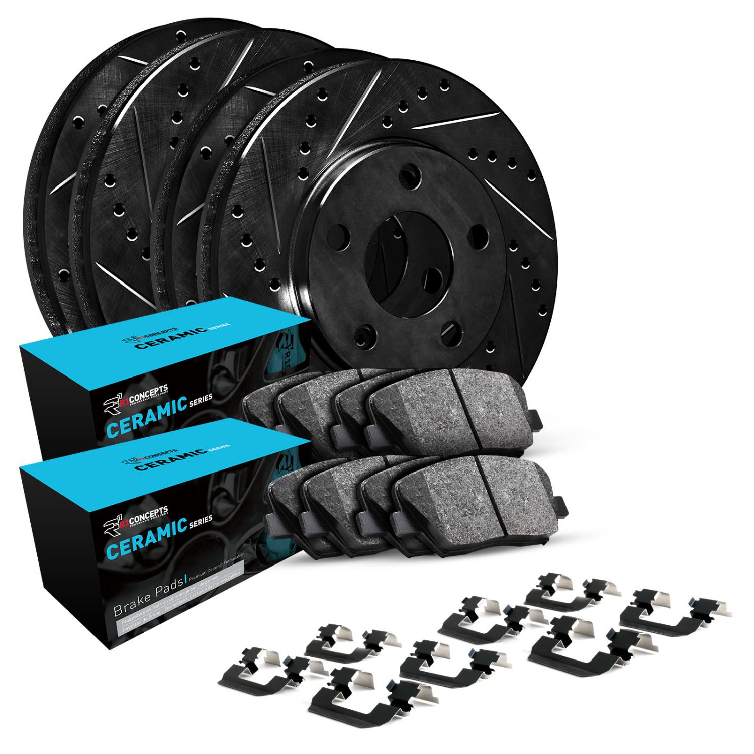 E-Line Drilled & Slotted Black Brake Rotor Set w/Ceramic Pads & Hardware, Fits Select Ford/Lincoln/Mercury/Mazda
