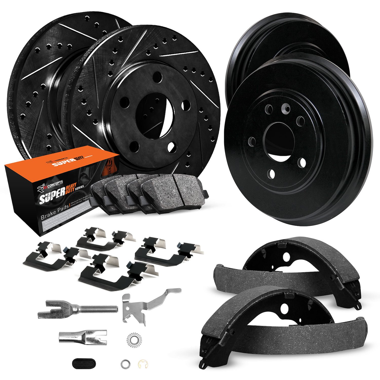 E-Line Drilled/Slotted Black Rotor & Drum Set w/Super-Duty Pads, Shoes, Hardware/Adjusters, 1971-1978 GM