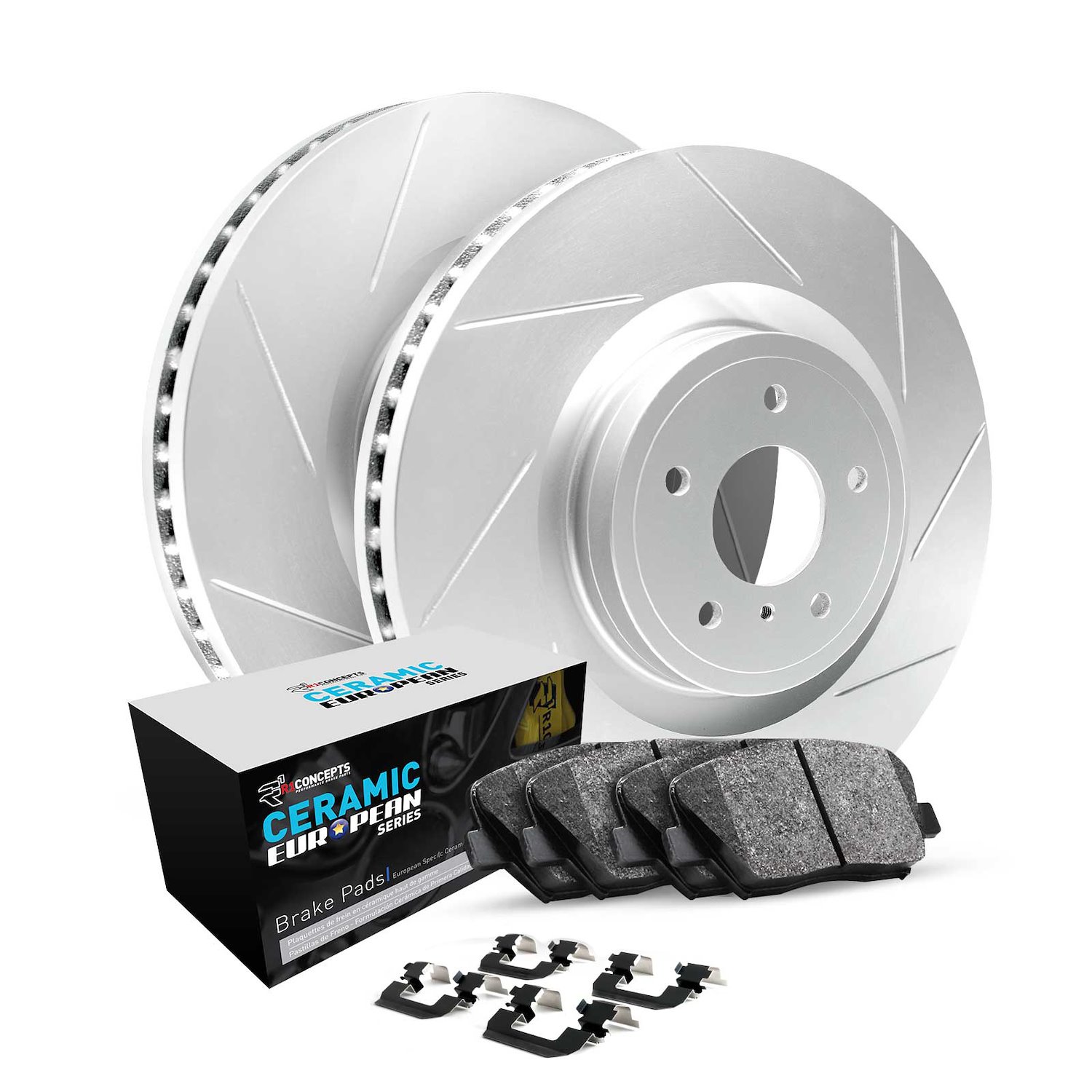 GEO-Carbon Slotted Brake Rotor Set w/Euro Ceramic Pads & Hardware, 2002-2008 Fits Multiple Makes/Models, Position: Front