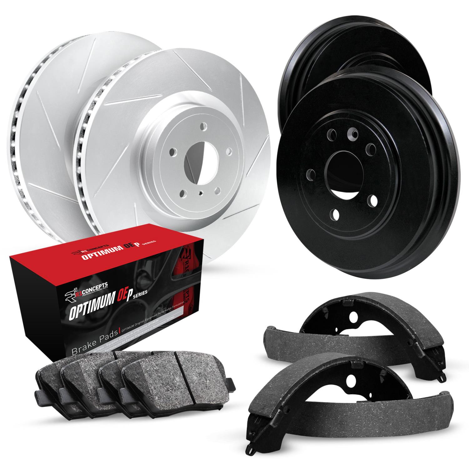 GEO-Carbon Slotted Brake Rotor & Drum Set w/Optimum OE Pads & Shoes, 1997-2001 Subaru, Position: Front & Rear