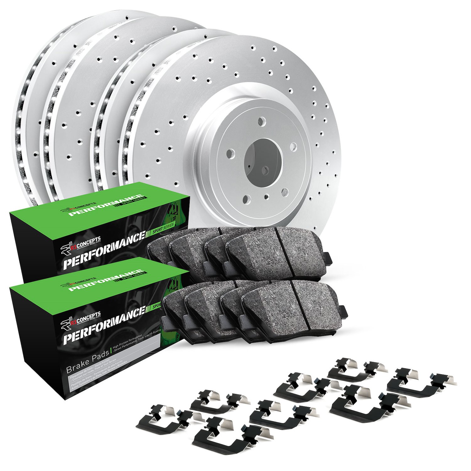 GEO-Carbon Drilled Brake Rotor Set w/Performance Sport Pads & Hardware, 2008-2010 Subaru, Position: Front & Rear