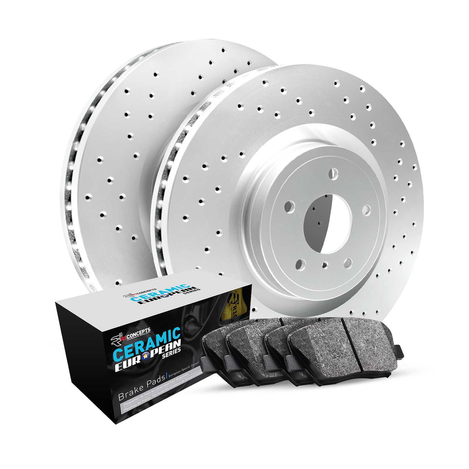 GEO-Carbon Drilled Brake Rotor Set w/Euro Ceramic Pads, 1990-1998 Mercedes-Benz, Position: Front