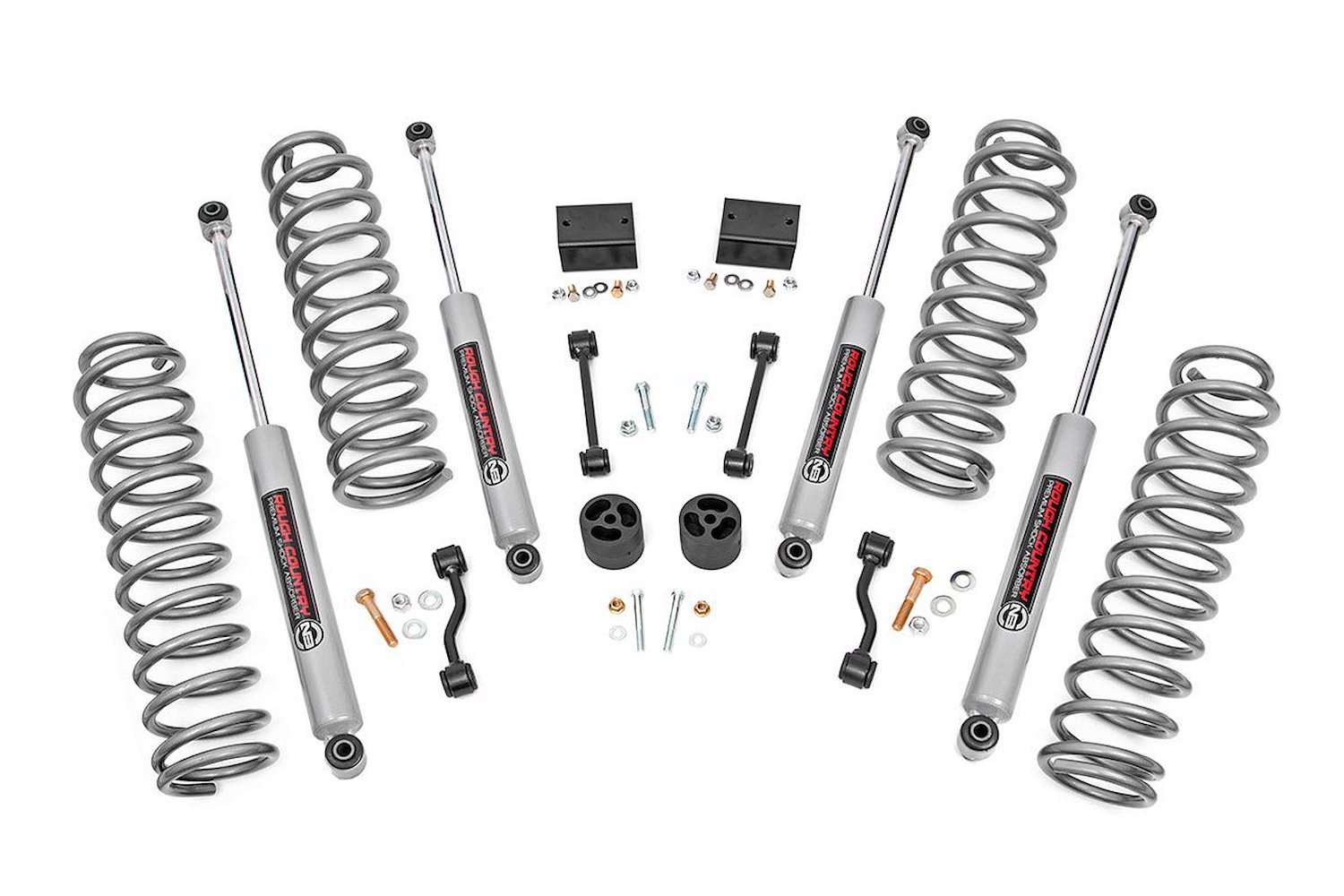 67731 Suspension Lift Kit w/Shocks; 2.5 in. Lift; Incl. Coil Springs; Non-Rubicon; Swaybar Links; Bump Stops; Hardware; Front an