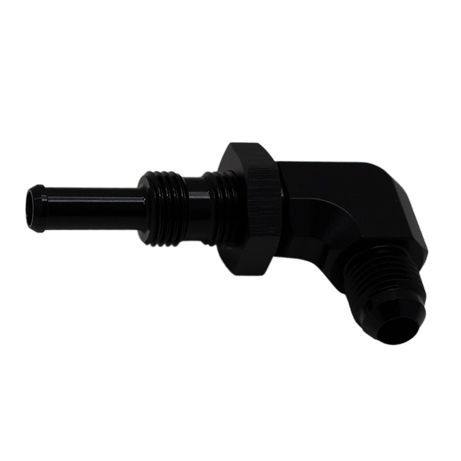 6020712B 6AN Male Flare to 5/16 Inch Male Barb Bulkhead Adapter 90-Degree (Incl Nut) Anodized Matte Black