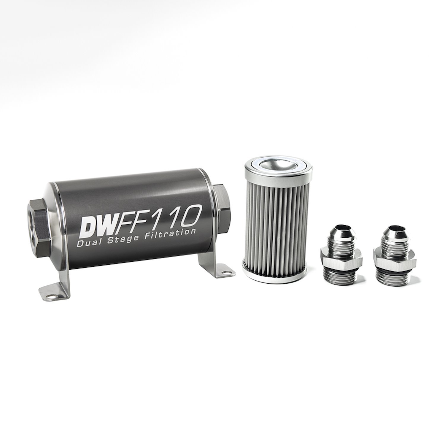 803110010K8 In-line fuel filter element and housing kit stainless steel 10 micron -8AN 110mm. Universal