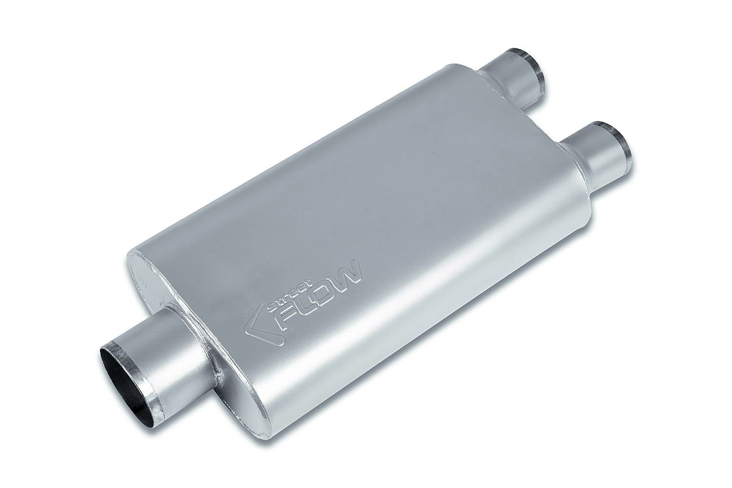 Street-Series Street Flow Muffler, 3-Chamber, Inlet/Outlet: 3.500 in./2.500 in., Center In/Dual Out [Satin Finish]