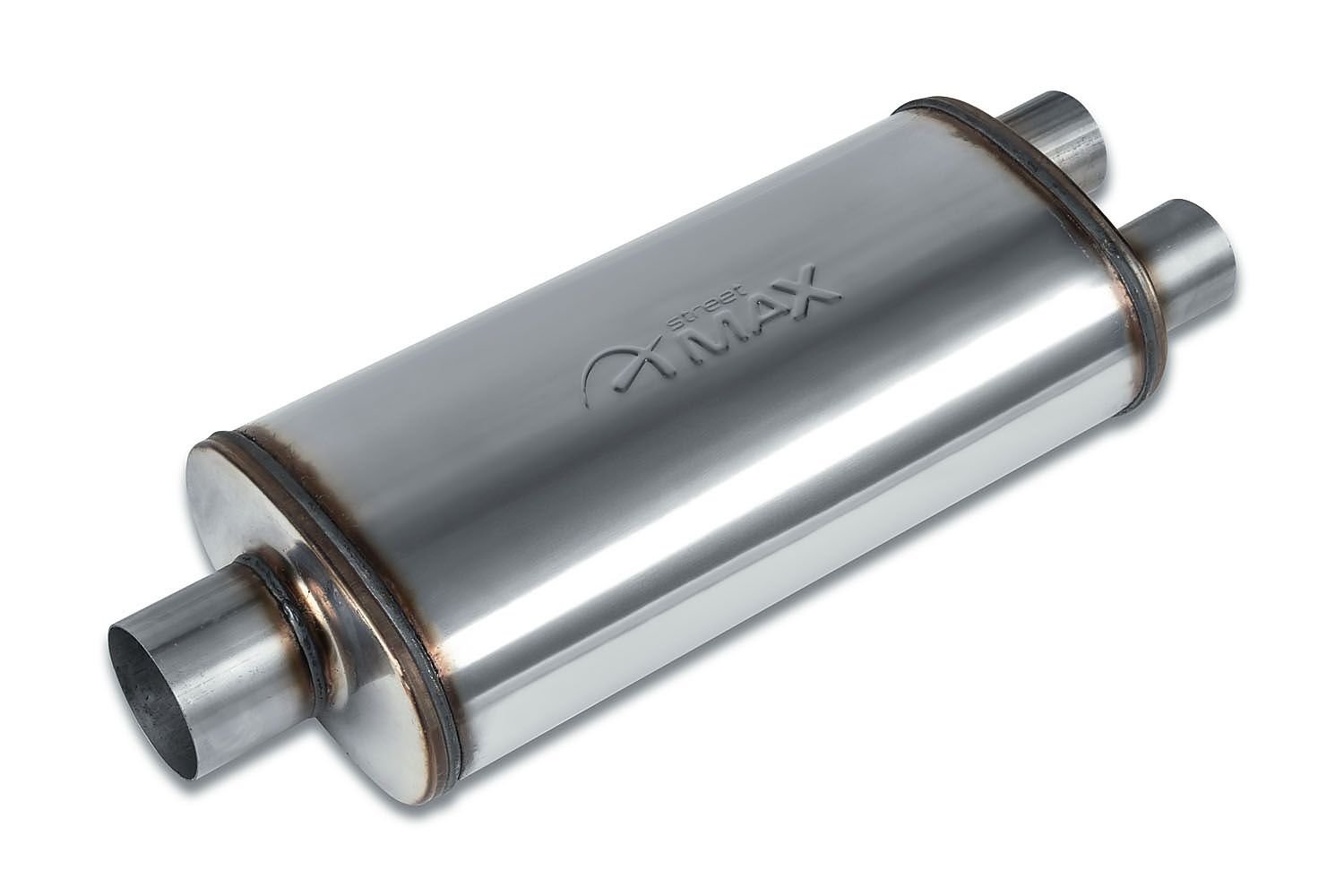 Street-Series Street Max Muffler, Straight-Through, Inlet/Outlet: 3 in./2.250 in., Center In/Dual Out [Natural Finish]