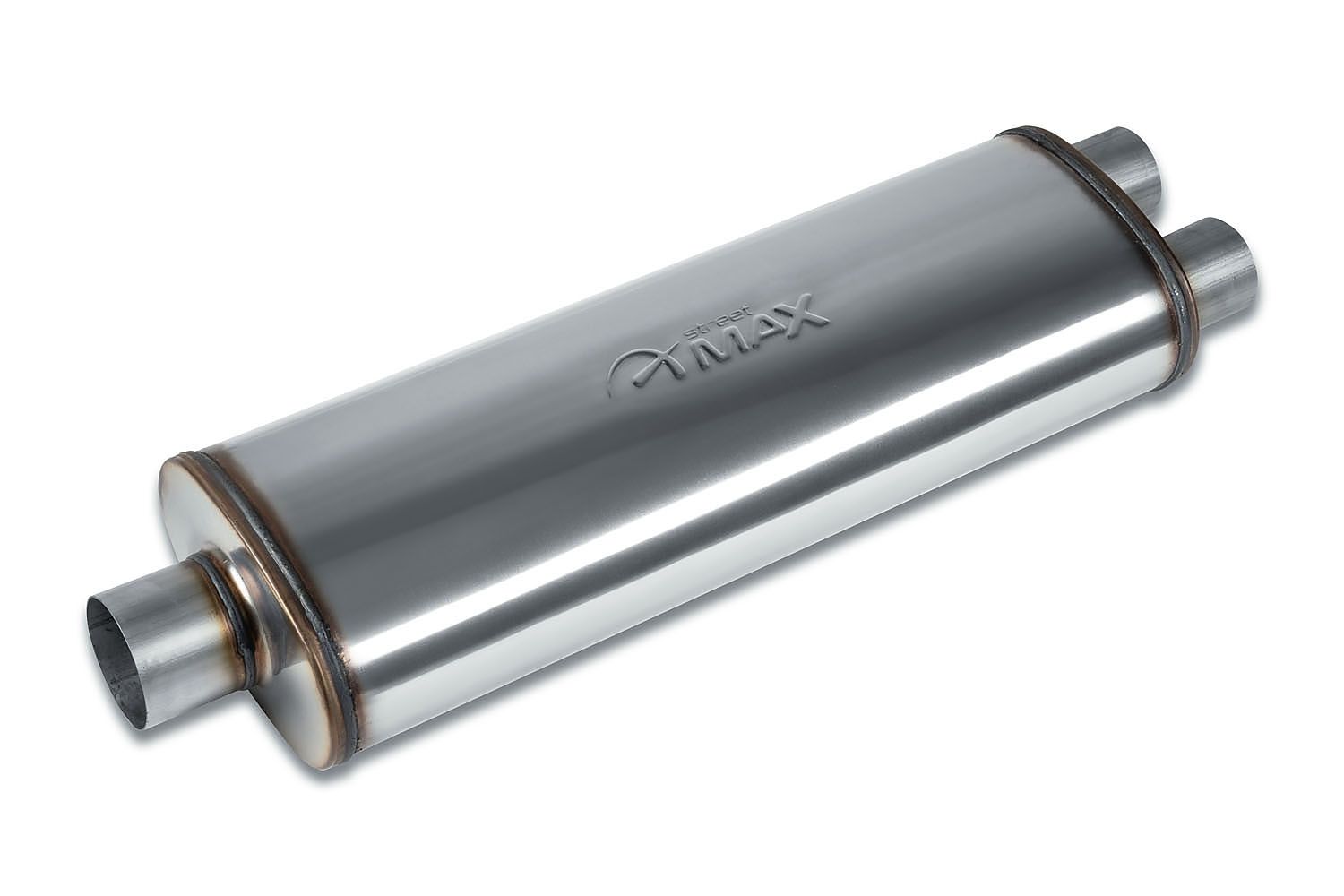 Street-Series Street Max Muffler, Straight-Through, Inlet/Outlet: 3 in./2.500 in., Center In/Dual Out [Natural Finish]