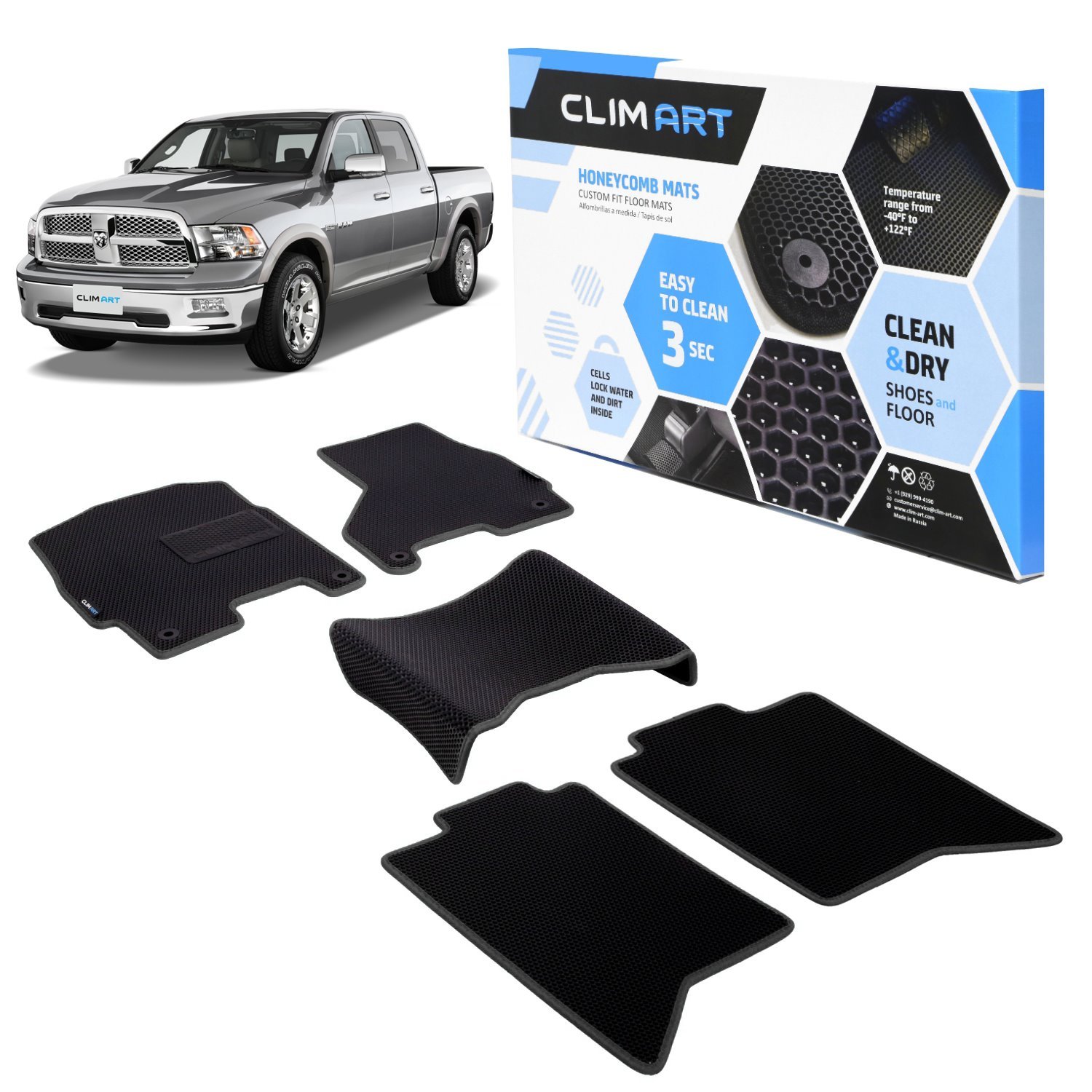CLIM ART Honeycomb Custom Fit Floor Mats for 2012-2018 Dodge RAM 1500 Crew Cab