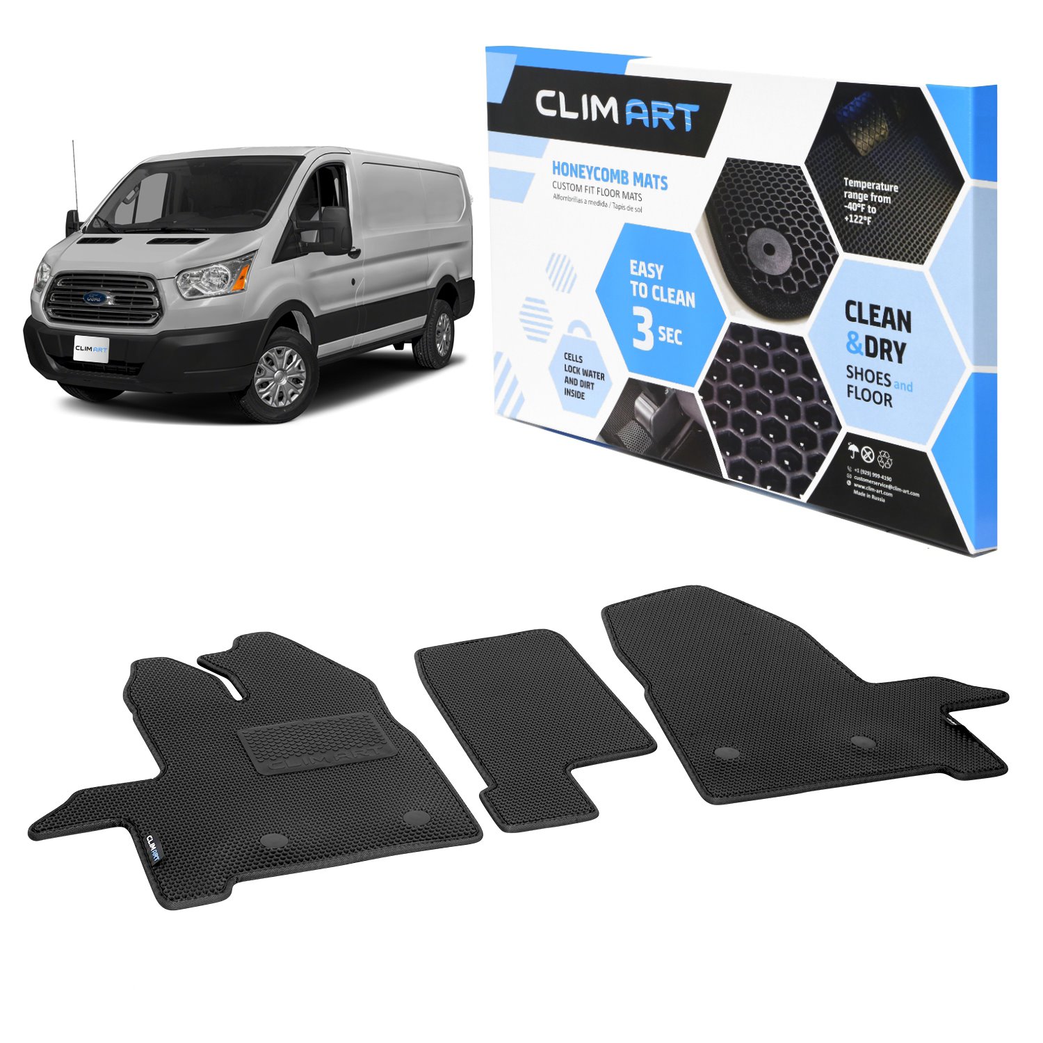 CLIM ART Honeycomb Custom Fit Floor Mats for 2015-2021 Ford Transit