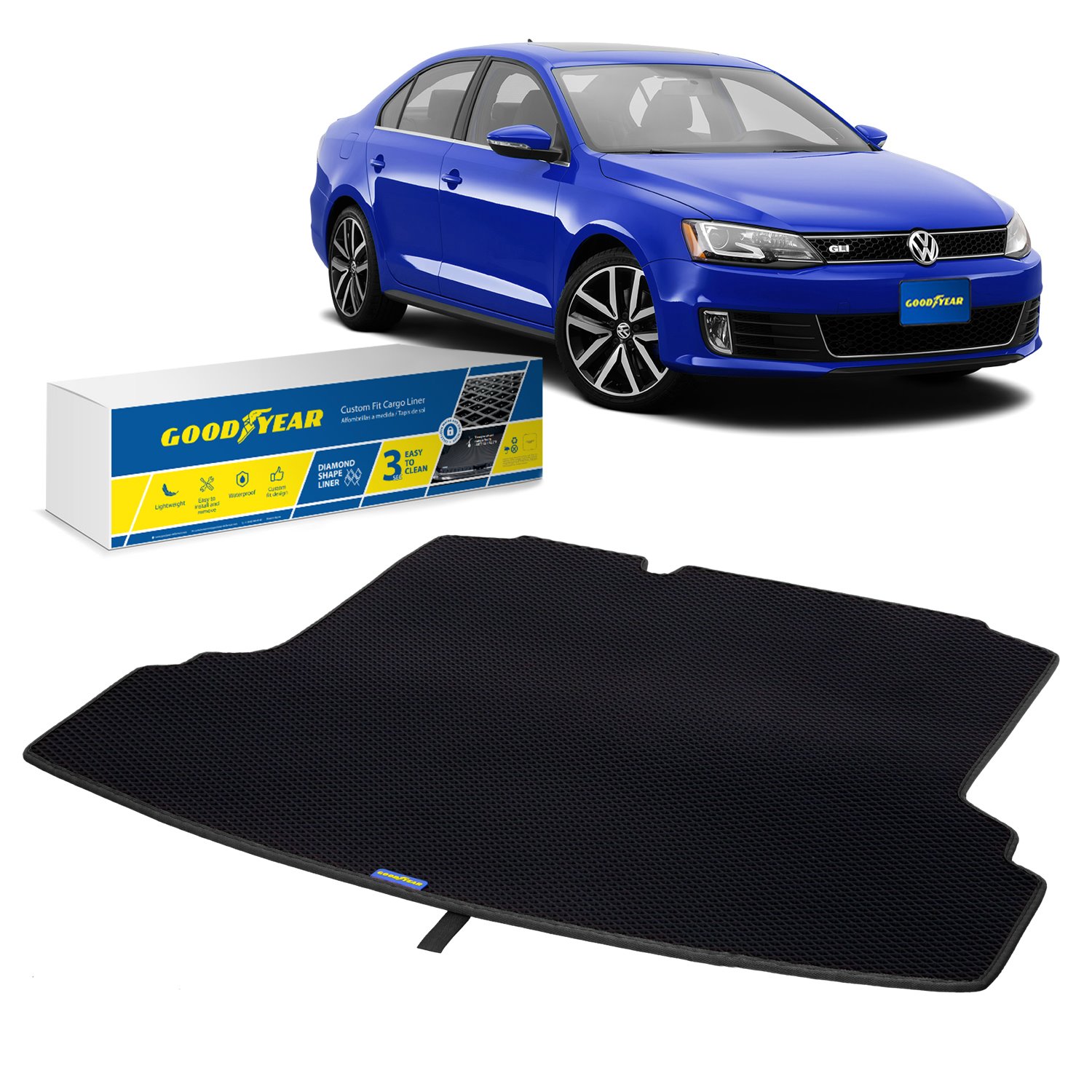 Spark Lines GY004637: Goodyear Custom Fit Cargo Mat Liner 2011-2018  Volkswagen Jetta Diamond Shape Waterproof Liquid and Dirt Trapping  Technology Anti-Slip Color: Black/Black Material: All-Weather, Heavy- Duty Rubber JEGS