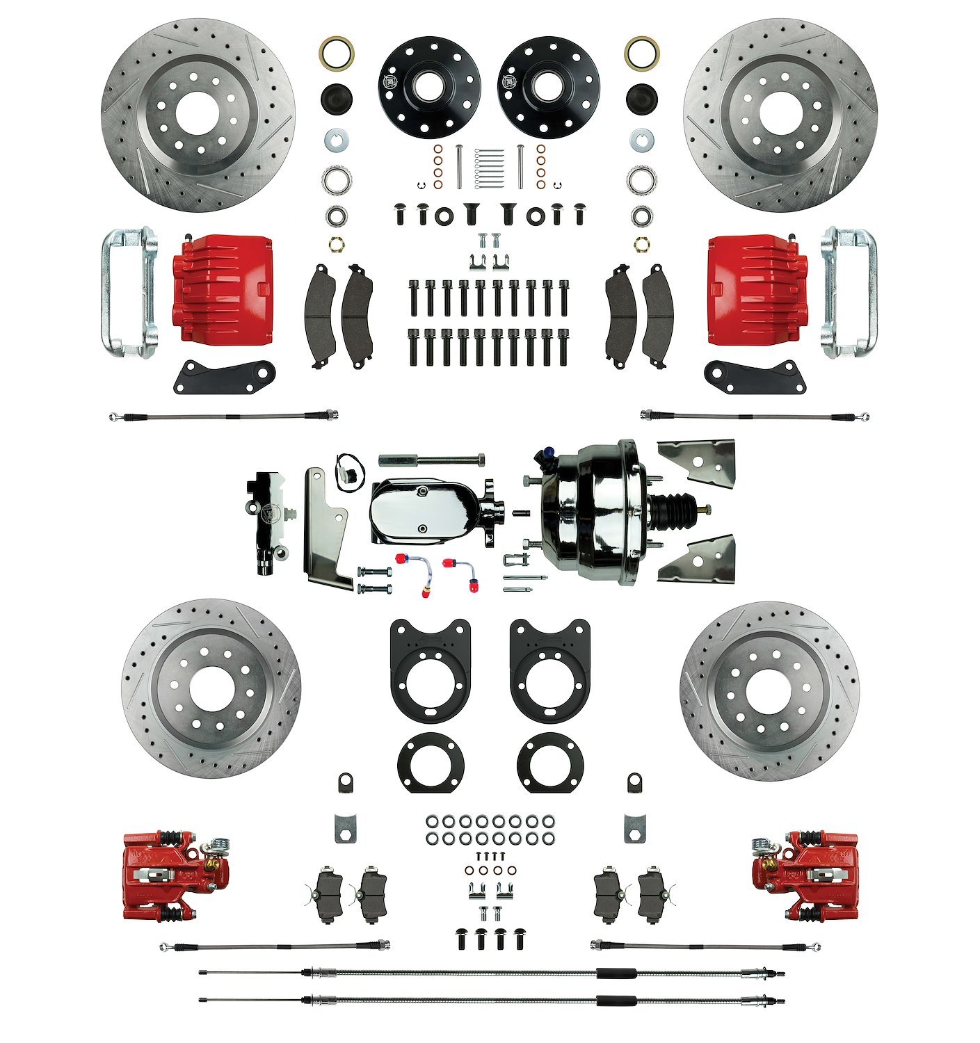 Signature Big Brake "64-"72 GM "A" Body, "67-"69 "F" Body, "68-"74 "X" Body, Red Calipers, 4 Wheel Chrome Power Disc Conversion