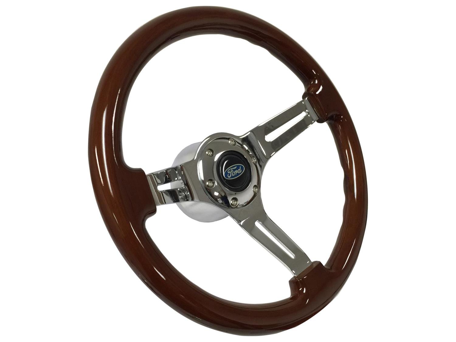 S6 Sport Steering Wheel Kit for 1968-1973 Ford/Mercury, 14 in. Diameter, Mahogany Wood Grip, with 6-Bolt Adapter and Horn Button