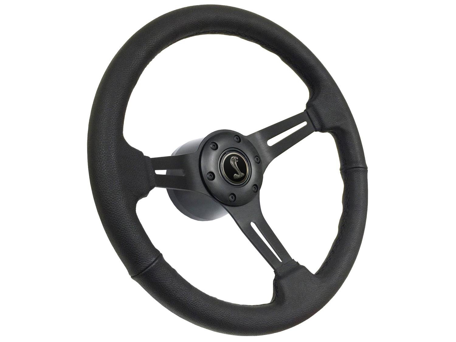 S6 Sport Steering Wheel Kit for 1979-1982 Ford Mustang, 14 in. Diameter, Black Leather Grip, with 6-Bolt Adapter and Horn Button
