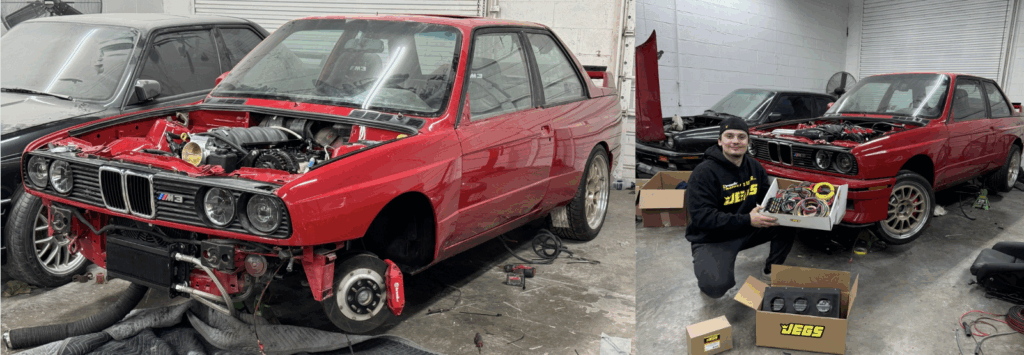 The picture on the left shows a red BMW M3 under construction with its bumper and hood off. The picture on the right shows the car owner holding JEGS products in front of his BMW M3 E30.